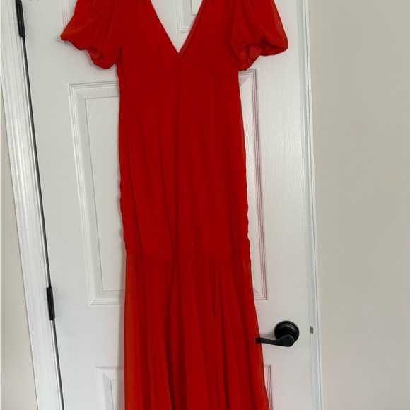 NWT ASOS Orange Chiffon Midi Dress Puff Sleeves Deep V Neck Ruffle Bottom Sz 4 - Picture 4 of 7